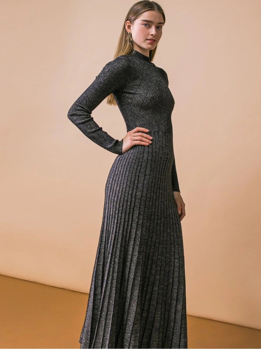 ANTONIO MELANI Metallic Charcoal Pleated Maxi Dress